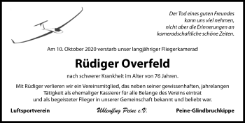 Traueranzeige von Rüdiger Overfeld von Peiner Allgemeine Zeitung