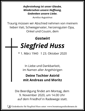 Traueranzeige von Siegfried Huss von Märkischen Allgemeine Zeitung