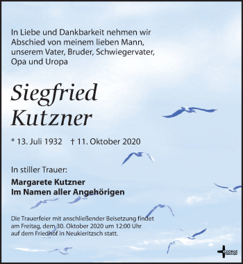 Traueranzeige von Siegfried Kutzner von Leipziger Volkszeitung