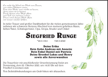 Traueranzeige von Siegfried Runge von Märkischen Allgemeine Zeitung