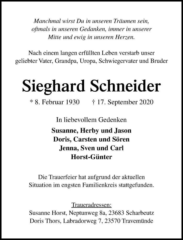  Traueranzeige für Sieghard Schneider vom 03.10.2020 aus Lübecker Nachrichten