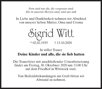 Traueranzeige von Sigrid Witt von Märkischen Allgemeine Zeitung