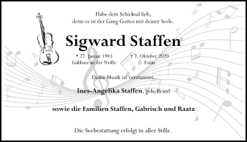 Traueranzeige von Sigward Staffe von Lübecker Nachrichten