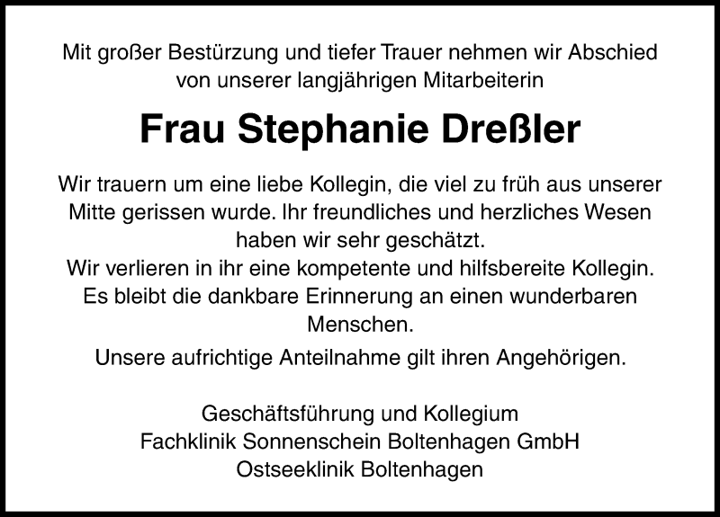  Traueranzeige für Stephanie Dreßler vom 24.10.2020 aus Lübecker Nachrichten