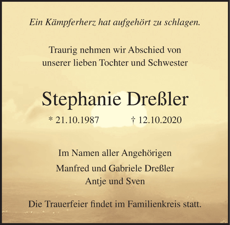  Traueranzeige für Stephanie Dreßler vom 16.10.2020 aus Ostsee-Zeitung GmbH