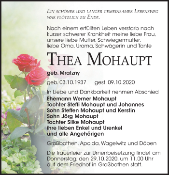 Traueranzeige von Thea Mohaupt von Leipziger Volkszeitung