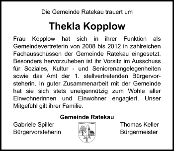 Traueranzeige von Thekla Kopplow von Lübecker Nachrichten