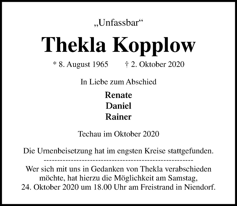  Traueranzeige für Thekla Kopplow vom 18.10.2020 aus Lübecker Nachrichten