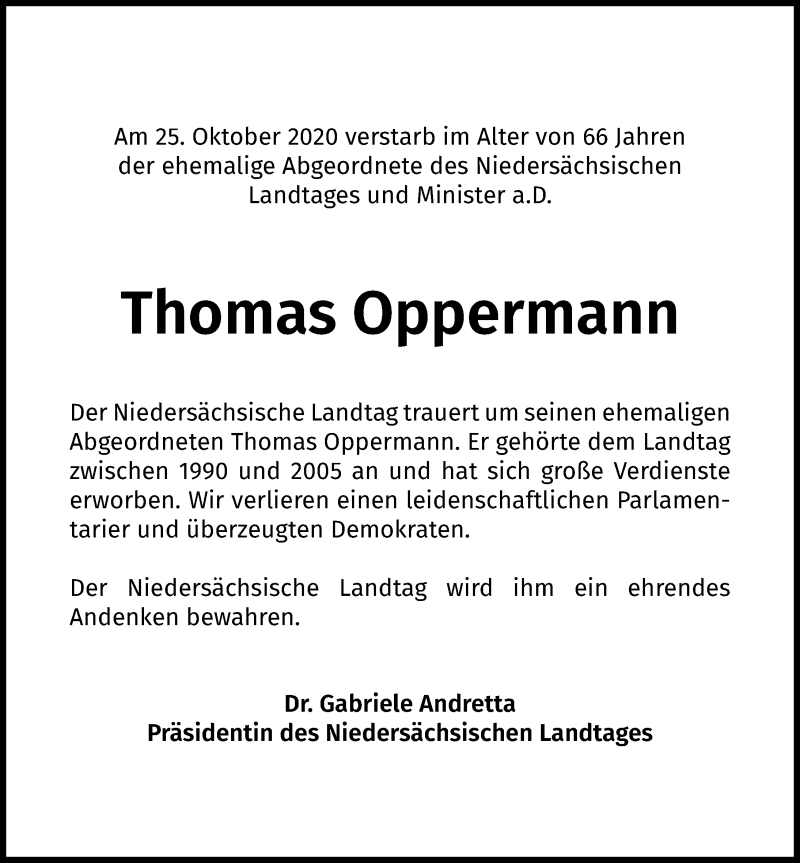  Traueranzeige für Thomas Oppermann vom 30.10.2020 aus Hannoversche Allgemeine Zeitung/Neue Presse