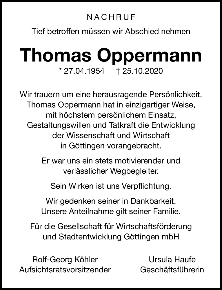  Traueranzeige für Thomas Oppermann vom 30.10.2020 aus Göttinger Tageblatt