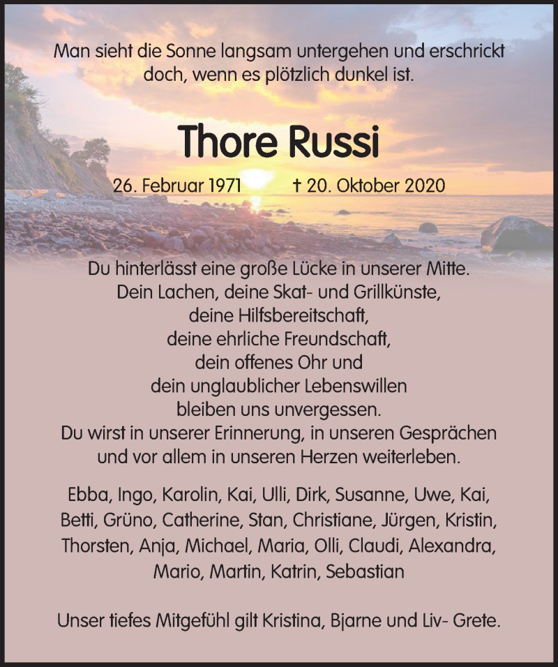  Traueranzeige für Thore Russi vom 25.10.2020 aus Lübecker Nachrichten
