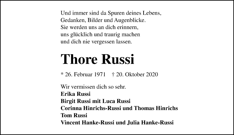  Traueranzeige für Thore Russi vom 25.10.2020 aus Lübecker Nachrichten