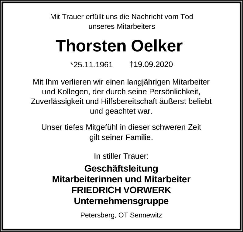  Traueranzeige für Thorsten Oelker vom 02.10.2020 aus Leipziger Volkszeitung