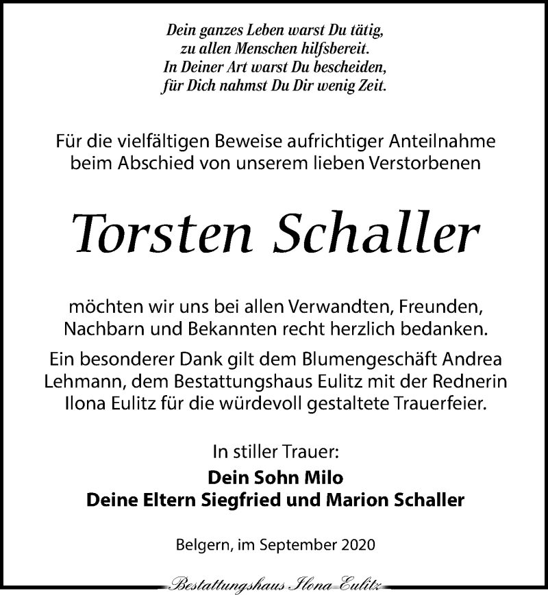  Traueranzeige für Torsten Schaller vom 02.10.2020 aus Torgauer Zeitung
