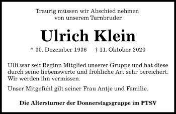 Traueranzeige von Ulrich Klein von Kieler Nachrichten