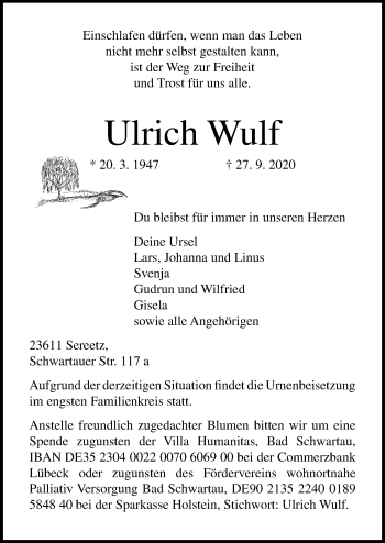 Traueranzeige von Ulrich Wulf von Lübecker Nachrichten