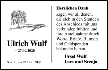 Traueranzeige von Ulrich Wulf von Lübecker Nachrichten