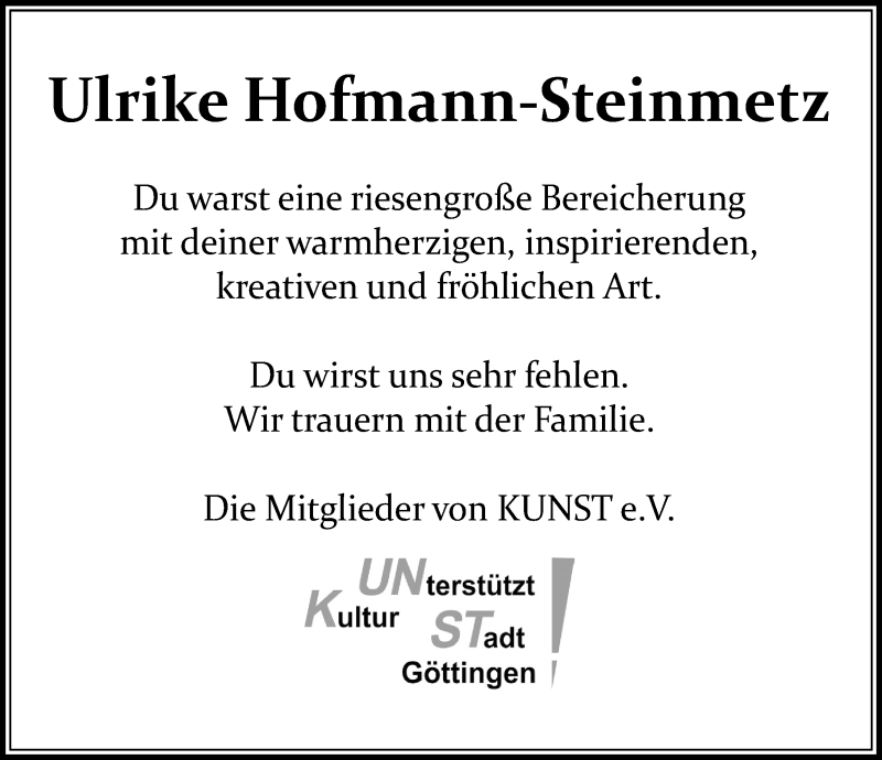  Traueranzeige für Ulrike Hofmann-Steinmetz vom 30.10.2020 aus Göttinger Tageblatt