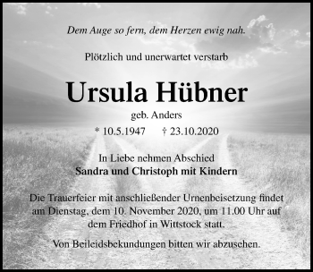 Traueranzeige von Ursula Hübner von Märkischen Allgemeine Zeitung