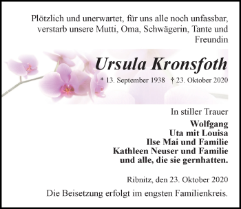 Traueranzeige von Ursula Kronsfoth von Ostsee-Zeitung GmbH