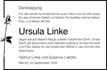 Traueranzeige von Ursula Linke von Ostsee-Zeitung GmbH