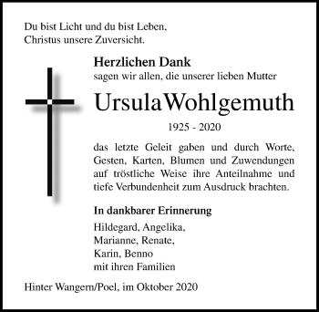 Traueranzeige von Ursula Wohlgemuth von Ostsee-Zeitung GmbH