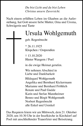 Traueranzeige von Ursula Wohlgemuth von Ostsee-Zeitung GmbH