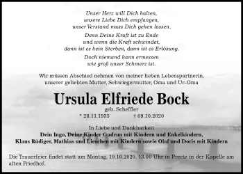 Traueranzeige von Ursula Elfriede Bock von Kieler Nachrichten