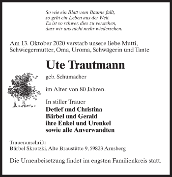 Traueranzeige von Ute Trautmann von Märkischen Allgemeine Zeitung