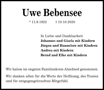 Traueranzeige von Uwe Bebensee von Kieler Nachrichten