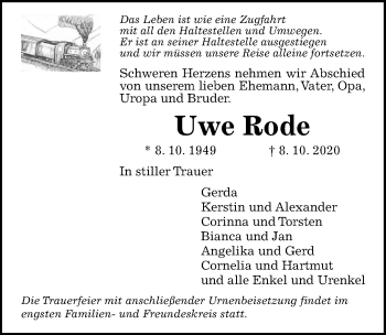 Traueranzeige von Uwe Rode von Hannoversche Allgemeine Zeitung/Neue Presse