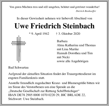 Traueranzeige von Uwe Friedrich Steinbach von Lübecker Nachrichten