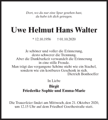 Traueranzeige von Uwe Helmut Walter von Märkischen Allgemeine Zeitung