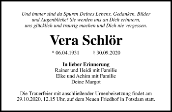 Traueranzeige von Vera Schlör von Märkischen Allgemeine Zeitung