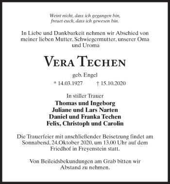 Traueranzeige von Vera Techen von Märkischen Allgemeine Zeitung