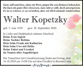 Traueranzeige von Walter Kopetzky von Leipziger Volkszeitung