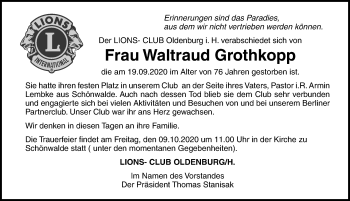 Traueranzeige von Waltraud Grothkopp von Lübecker Nachrichten