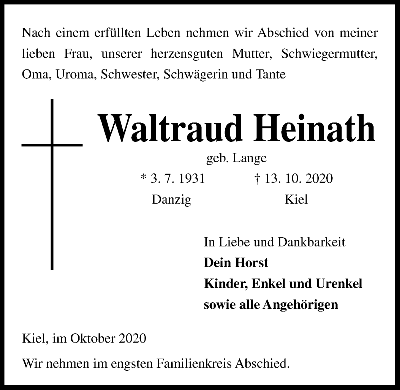  Traueranzeige für Waltraud Heinath vom 17.10.2020 aus Kieler Nachrichten