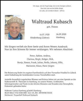 Traueranzeige von Waltraud Kubasch von Lübecker Nachrichten