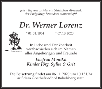 Traueranzeige von Werner Lorenz von Märkischen Allgemeine Zeitung