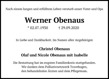 Traueranzeige von Werner Obenaus von Lübecker Nachrichten