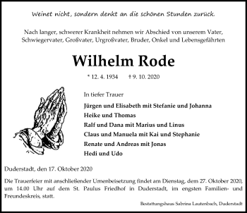 Traueranzeige von Wilhelm Rode von Eichsfelder Tageblatt