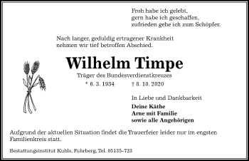 Traueranzeige von Wilhelm Timpe von Hannoversche Allgemeine Zeitung/Neue Presse