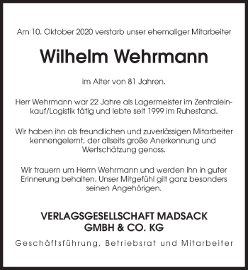 Traueranzeige von Wilhelm Wehrmann von Hannoversche Allgemeine Zeitung/Neue Presse