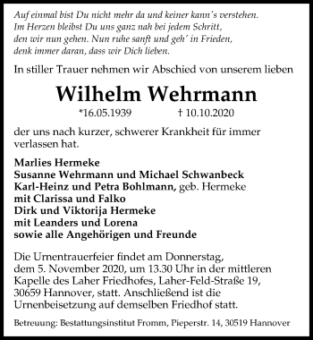 Traueranzeige von Wilhelm Wehrmann von Hannoversche Allgemeine Zeitung/Neue Presse