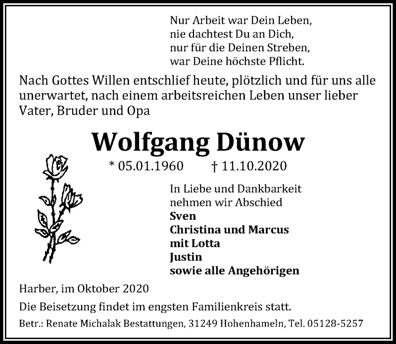 Traueranzeige für Wolfgang Dünow vom 16.10.2020 aus Peiner Allgemeine Zeitung