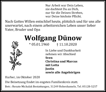 Traueranzeige von Wolfgang Dünow von Peiner Allgemeine Zeitung