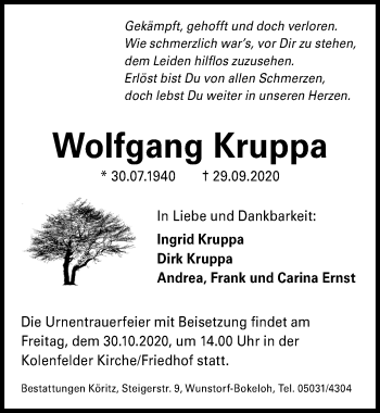 Traueranzeige von Wolfgang Kruppa von Hannoversche Allgemeine Zeitung/Neue Presse