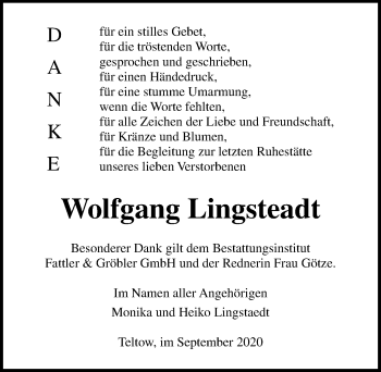 Traueranzeige von Wolfgang Lingsteadt von Märkischen Allgemeine Zeitung