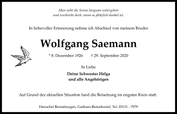 Traueranzeige von Wolfgang Saemann von Hannoversche Allgemeine Zeitung/Neue Presse